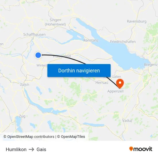 Humlikon to Gais map