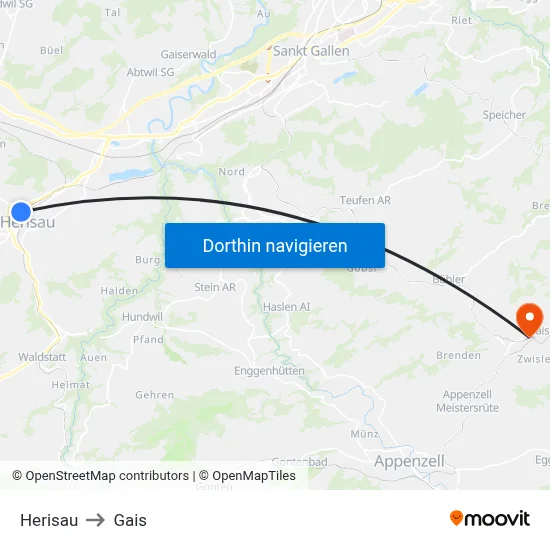 Herisau to Gais map