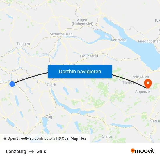 Lenzburg to Gais map