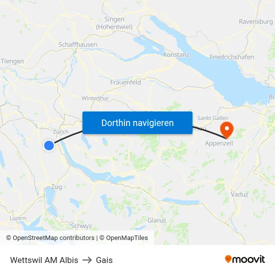 Wettswil AM Albis to Gais map