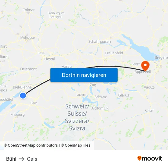 Bühl to Gais map
