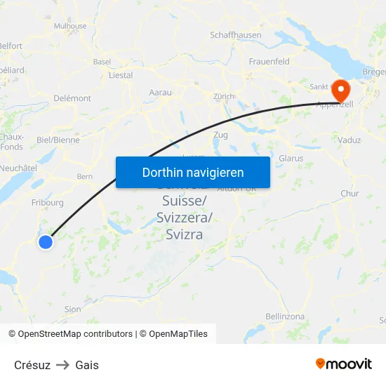 Crésuz to Gais map