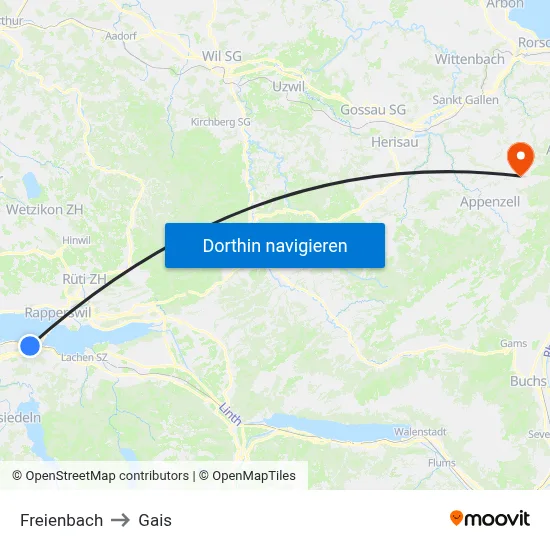 Freienbach to Gais map