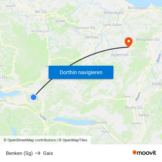 Benken (Sg) to Gais map