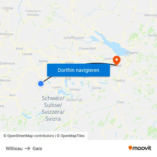 Willisau to Gais map