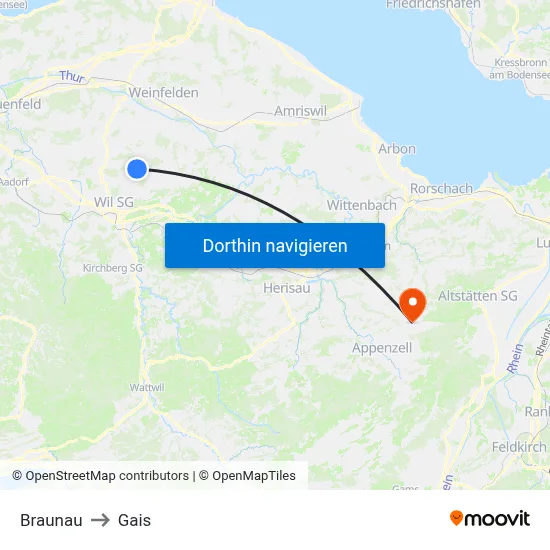 Braunau to Gais map