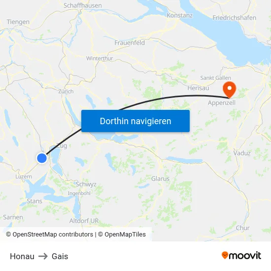 Honau to Gais map