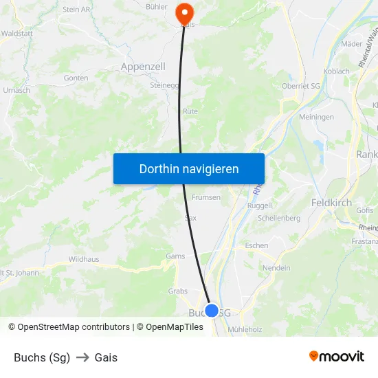Buchs (Sg) to Gais map