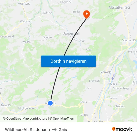 Wildhaus-Alt St. Johann to Gais map