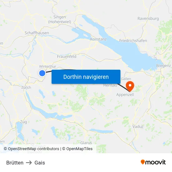 Brütten to Gais map