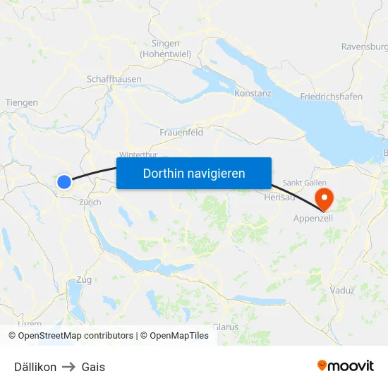 Dällikon to Gais map