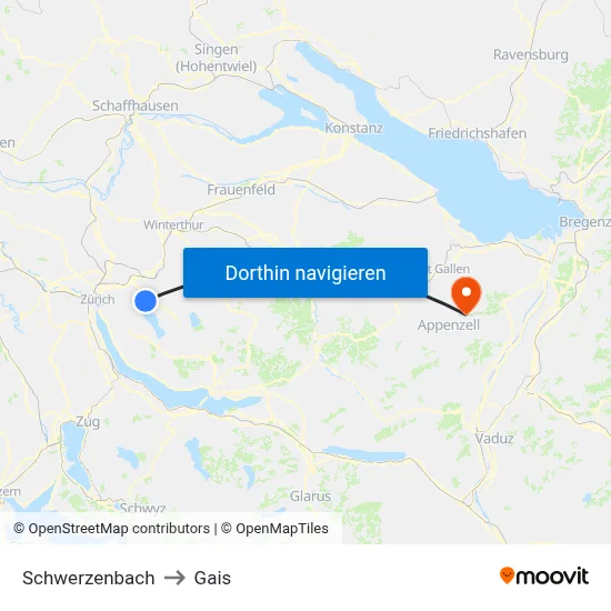 Schwerzenbach to Gais map