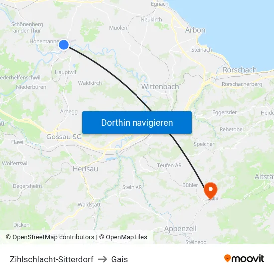 Zihlschlacht-Sitterdorf to Gais map