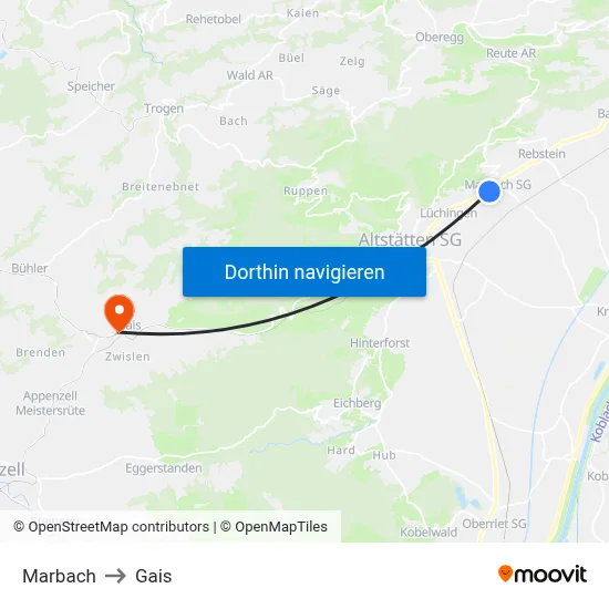 Marbach to Gais map