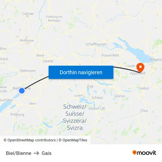 Biel/Bienne to Gais map