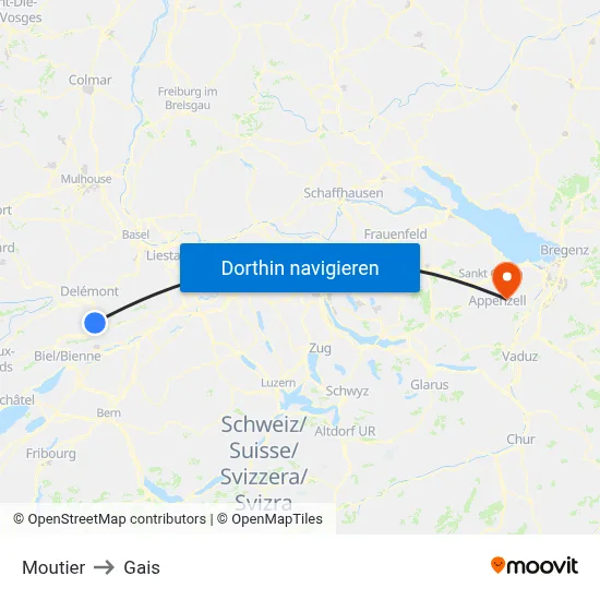 Moutier to Gais map
