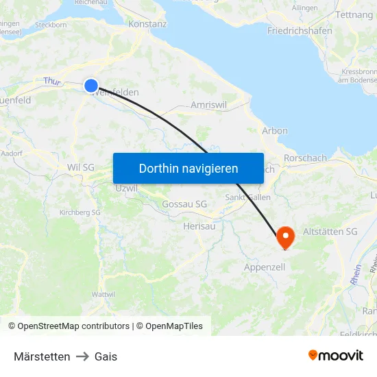 Märstetten to Gais map