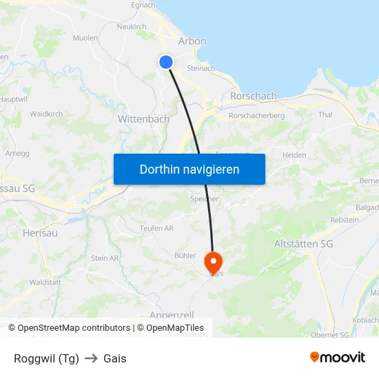 Roggwil (Tg) to Gais map