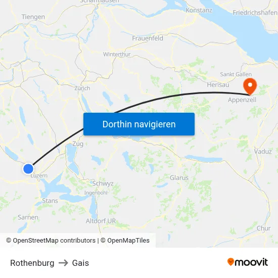 Rothenburg to Gais map
