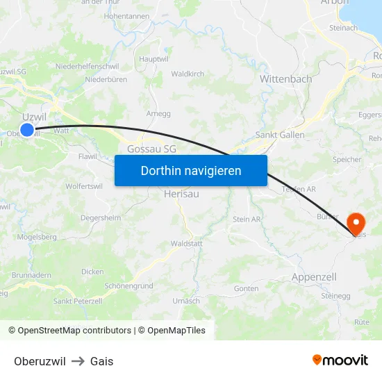 Oberuzwil to Gais map