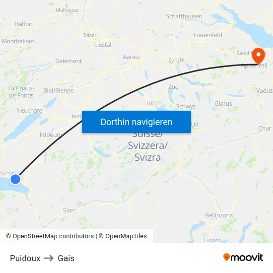 Puidoux to Gais map
