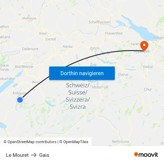 Le Mouret to Gais map