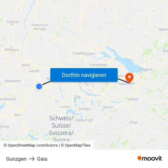 Gunzgen to Gais map