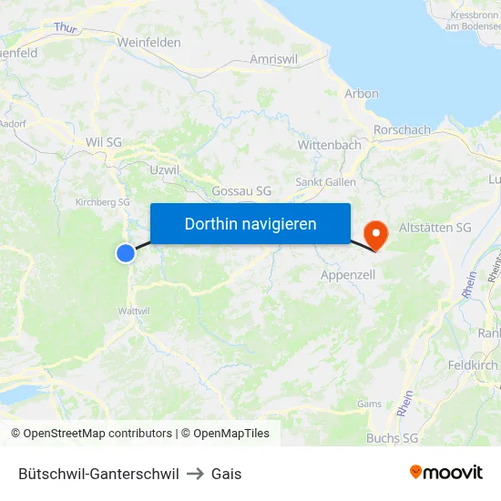 Bütschwil-Ganterschwil to Gais map