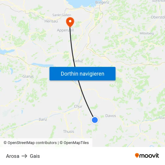 Arosa to Gais map