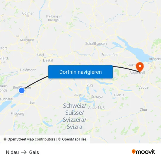 Nidau to Gais map