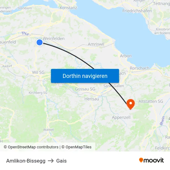 Amlikon-Bissegg to Gais map