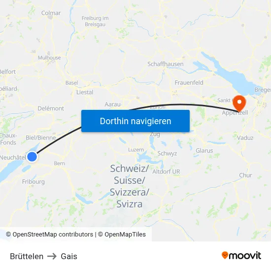 Brüttelen to Gais map