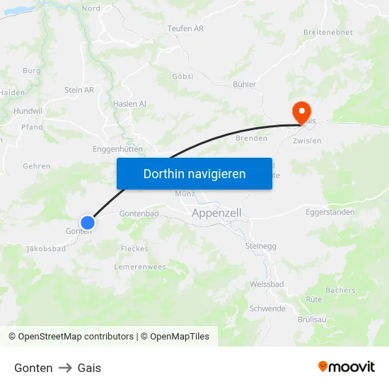Gonten to Gais map