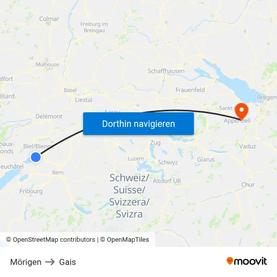 Mörigen to Gais map