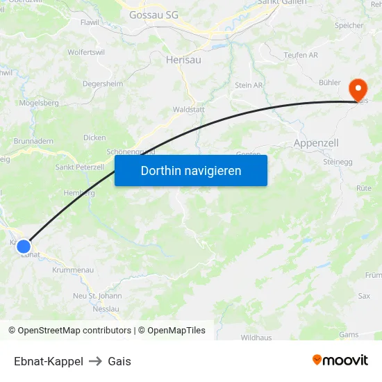 Ebnat-Kappel to Gais map