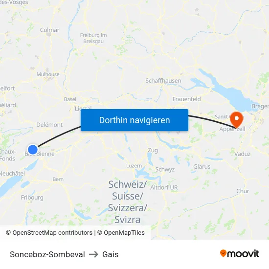 Sonceboz-Sombeval to Gais map