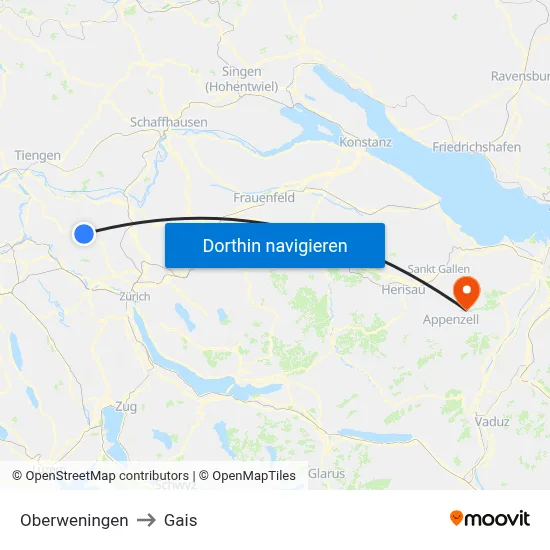 Oberweningen to Gais map
