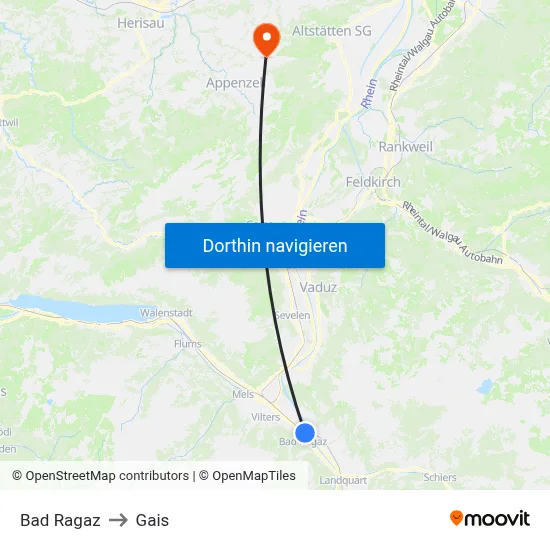 Bad Ragaz to Gais map