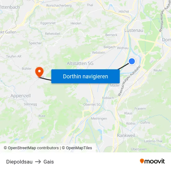 Diepoldsau to Gais map