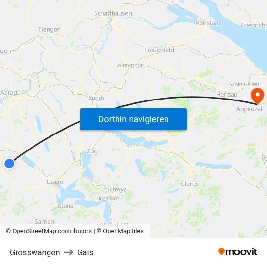 Grosswangen to Gais map