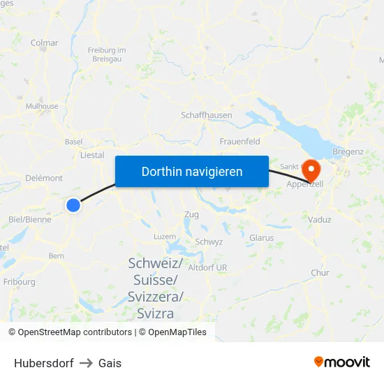 Hubersdorf to Gais map