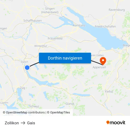 Zollikon to Gais map