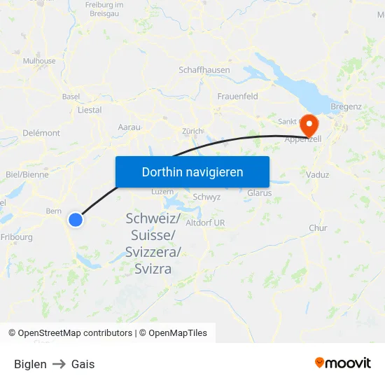 Biglen to Gais map
