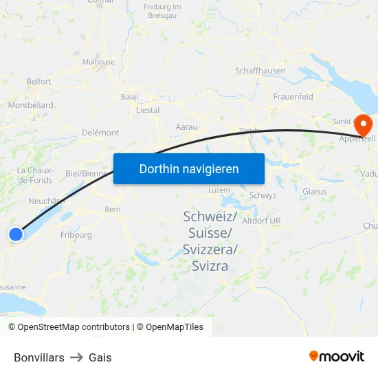 Bonvillars to Gais map