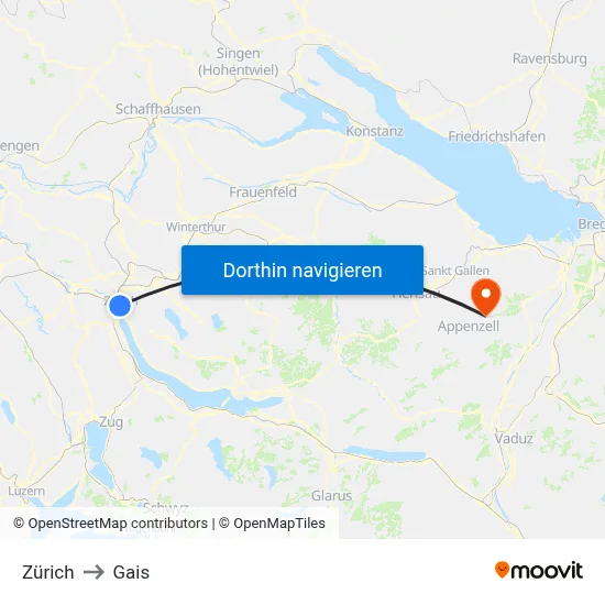 Zürich to Gais map