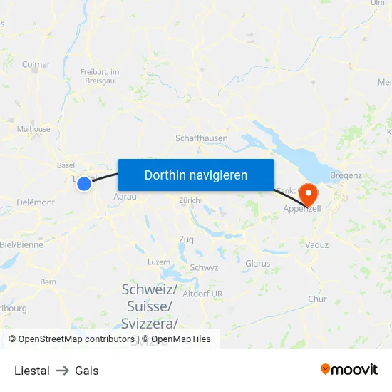 Liestal to Gais map
