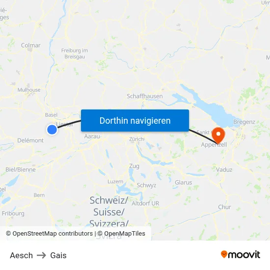 Aesch to Gais map