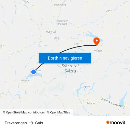 Préverenges to Gais map