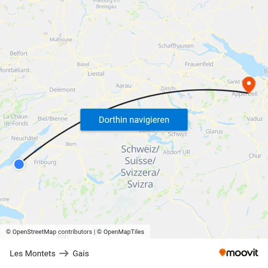 Les Montets to Gais map