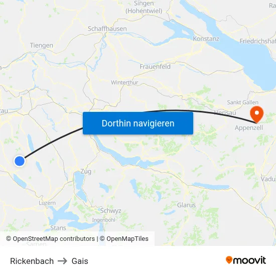 Rickenbach to Gais map